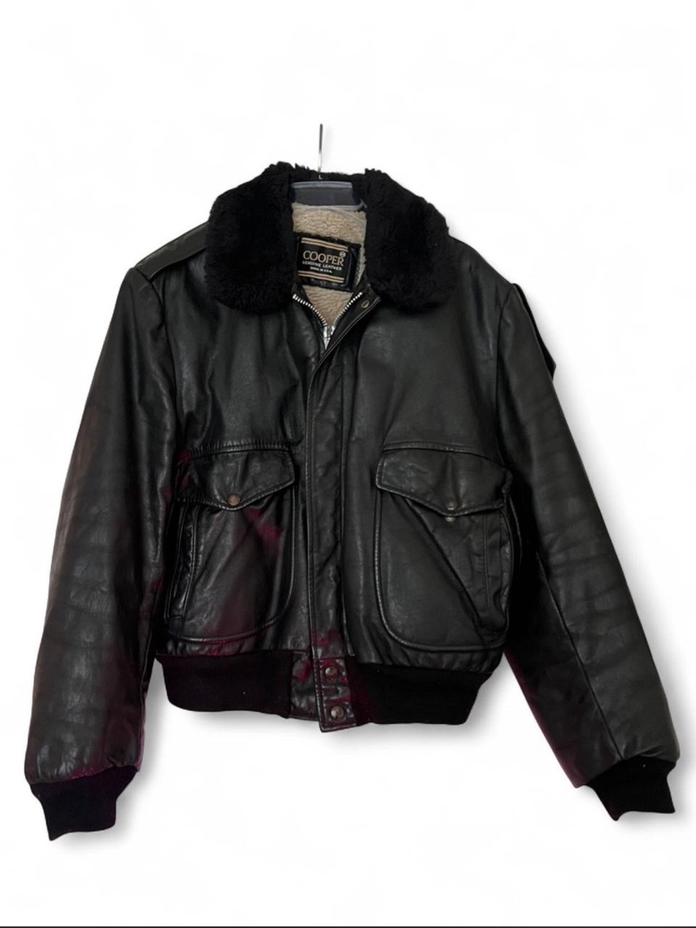 Men’s Cooper Genuine Leather Black Sherpa Lined Bomber Jacket Size 44 - Picture 1 of 5